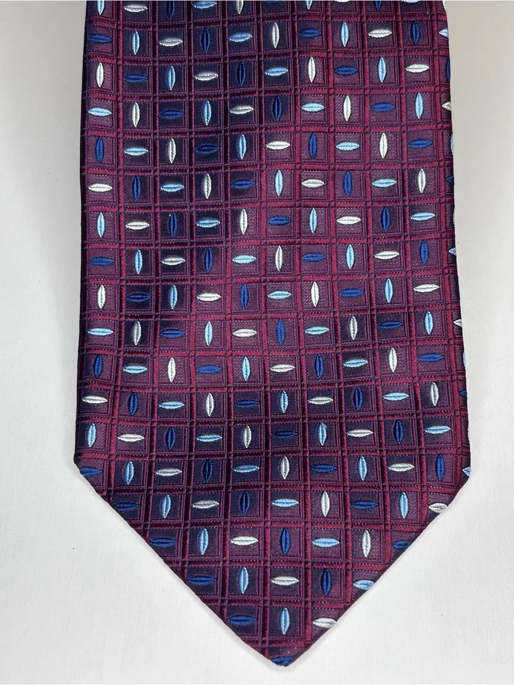 Equestrian Firenze 100% Silk Tie Made in Italy Burgundy Blue Geometric
